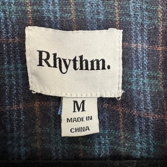 Rhythm Shirt Mens Medium Blue Brown Plaid Flannel Button Down Casual New - Picture 7 of 8